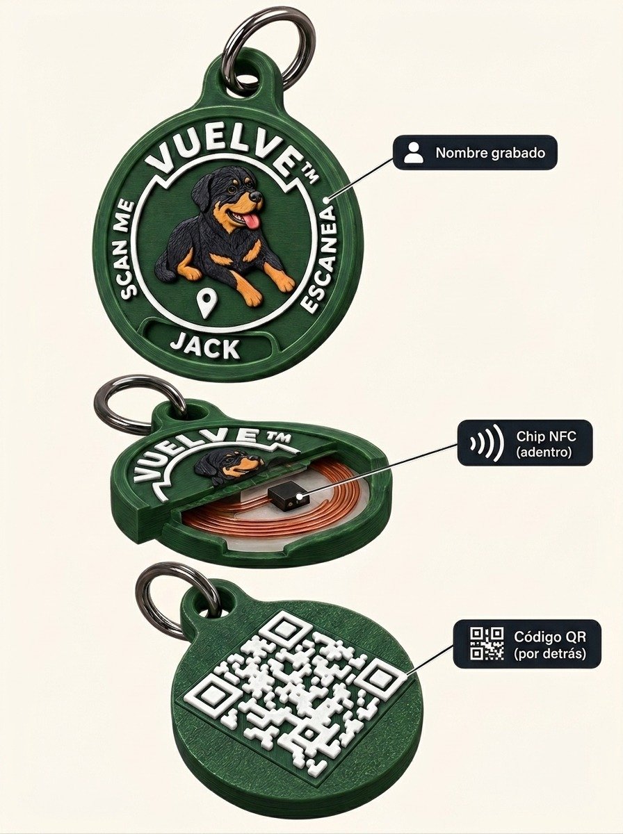 Vuelve ID tag shown from three angles: the front with the pet's name engraved in relief, a cutaway view showing the NFC chip and its copper antenna inside, and the back with the QR code