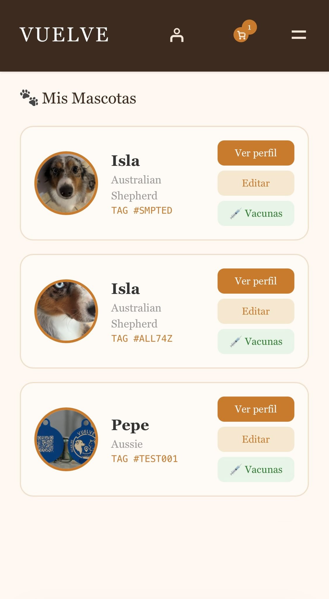 Vuelve ID account listing several pets