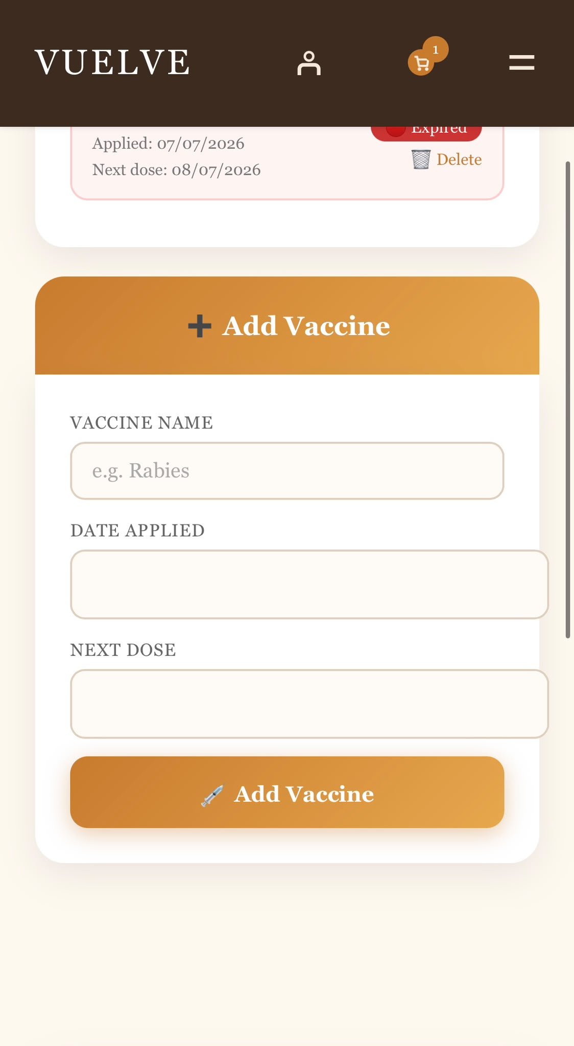 Vuelve ID vaccination record, screen 2