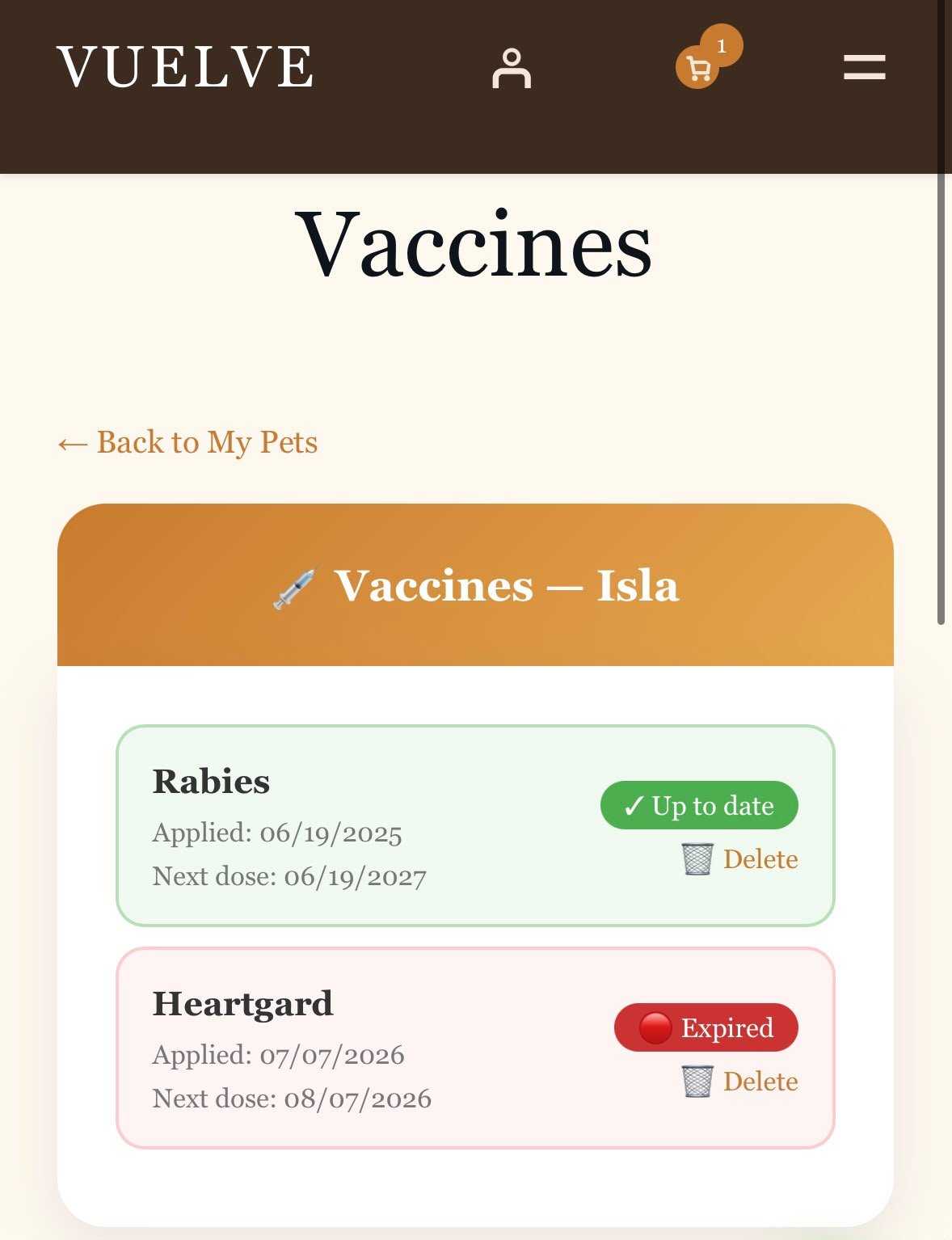 Vuelve ID vaccination record, screen 1